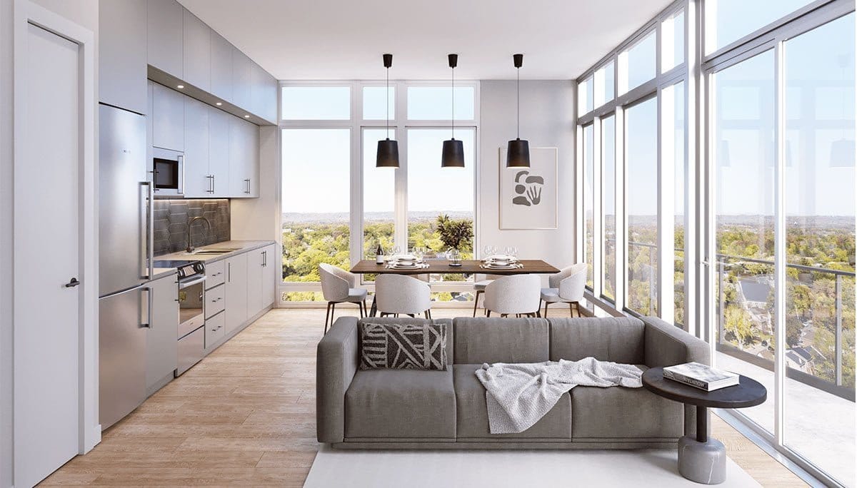 A modern living room in a new condo with a view of the city. A modern living room in a new condo with a view of the city.
