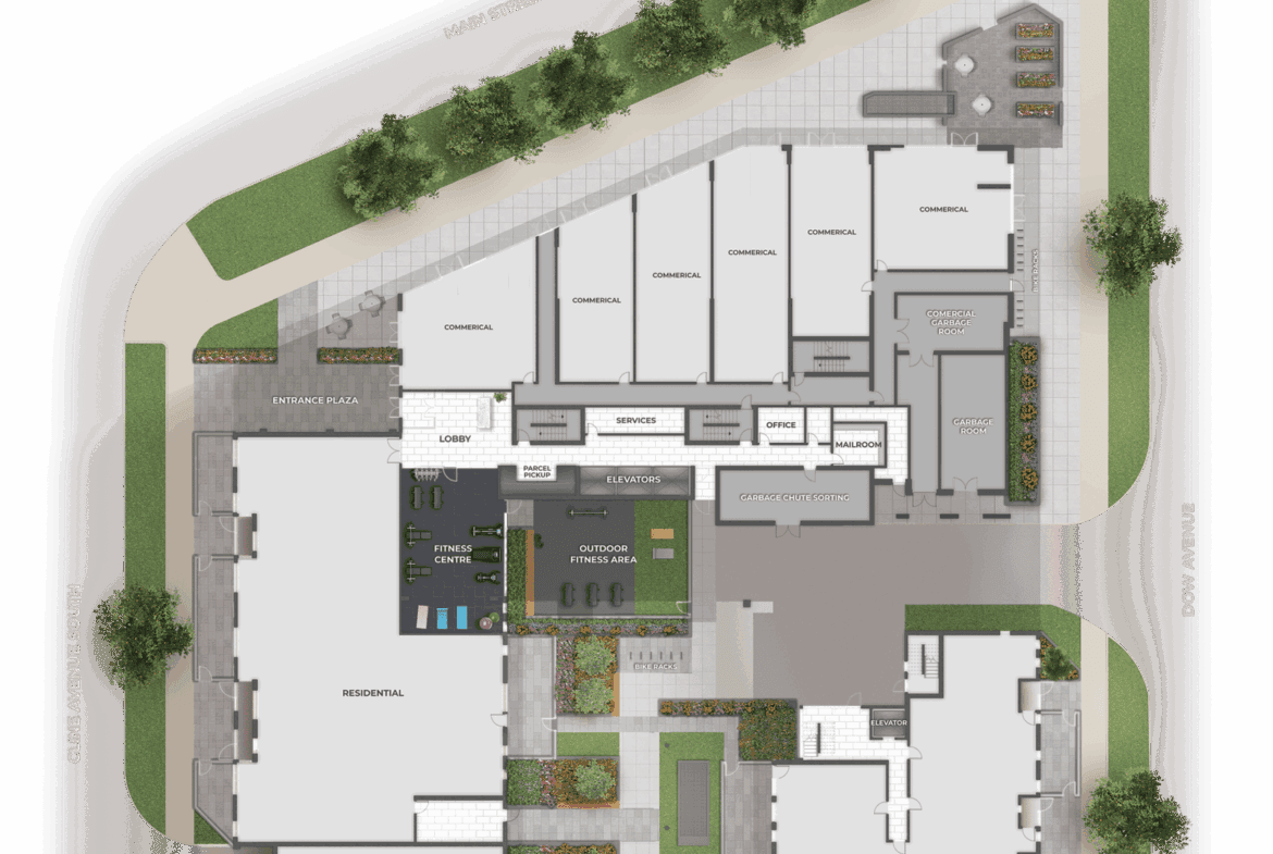 A floor plan of a building with a large parking lot for new homes in Gta.