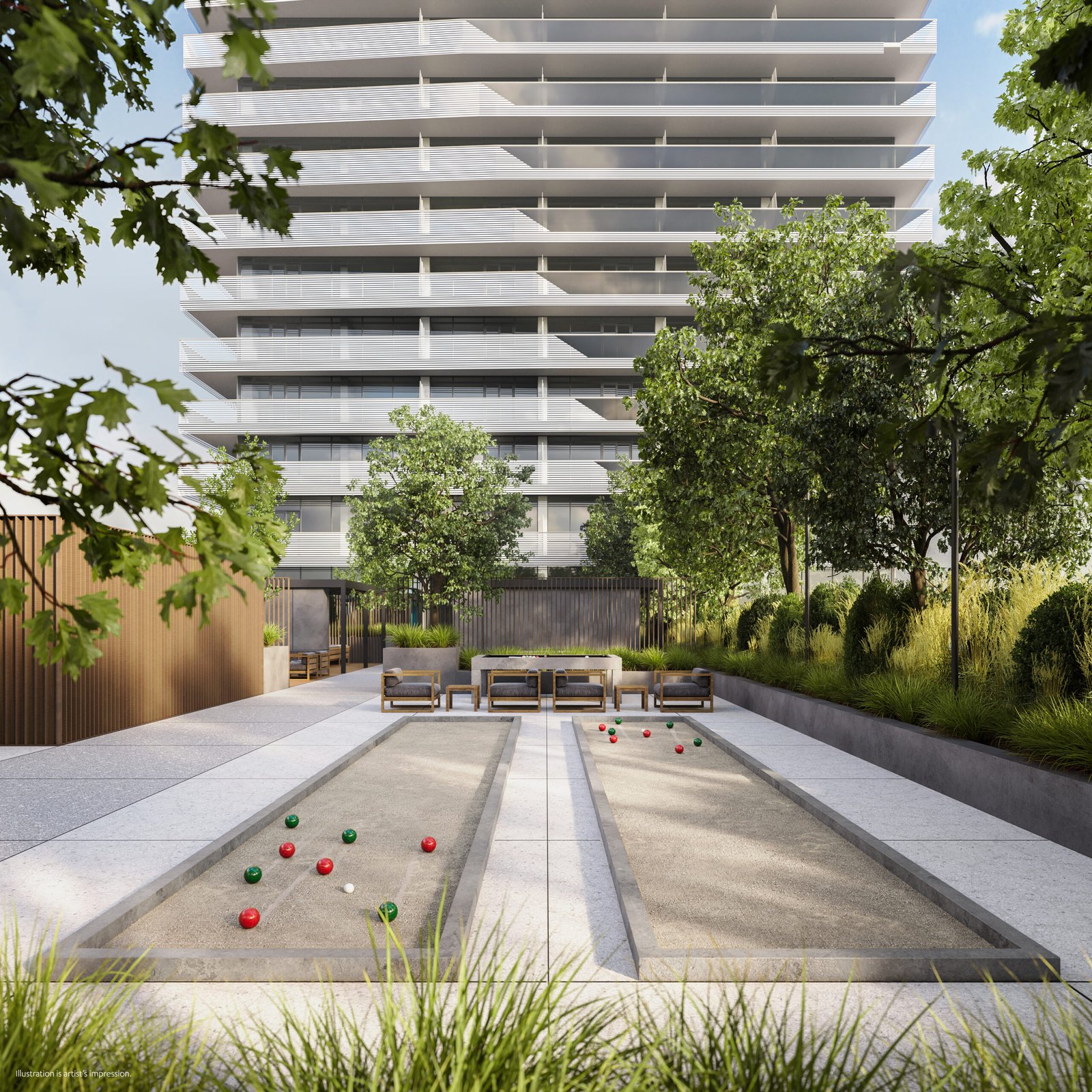 An artist's rendering of new condos in Gta with a bocce ball court.