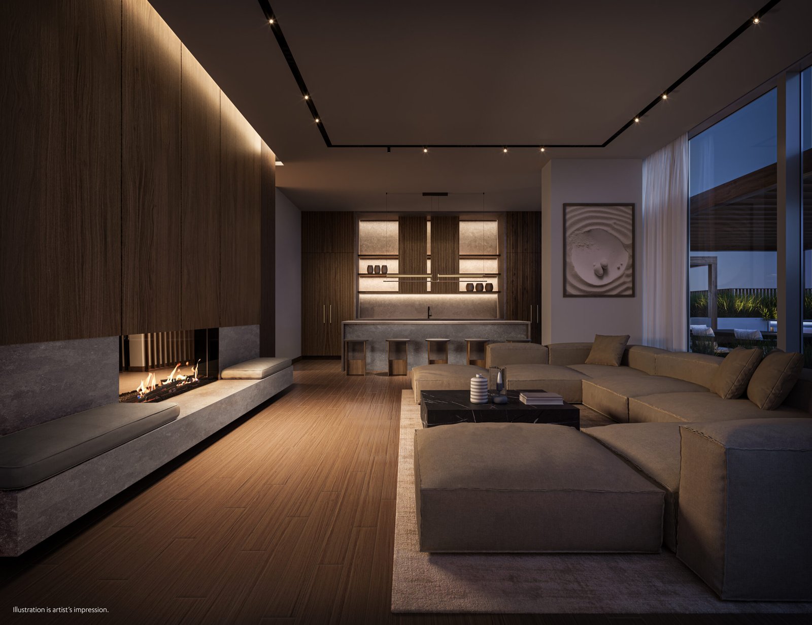 A modern living room with a fireplace in new homes in Gta.