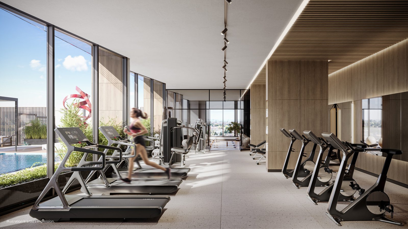 A gym with treadmills and elliptical machines.