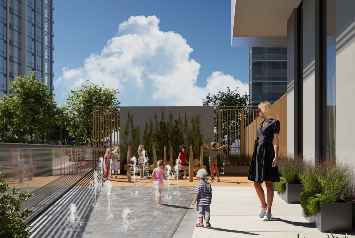 An artist's rendering of a new condos in Gta play area in front of a building.