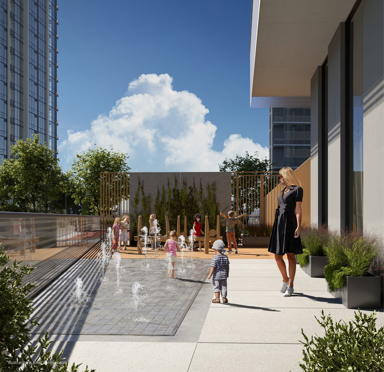 An artist's rendering of a new condos in Gta play area in front of a building.