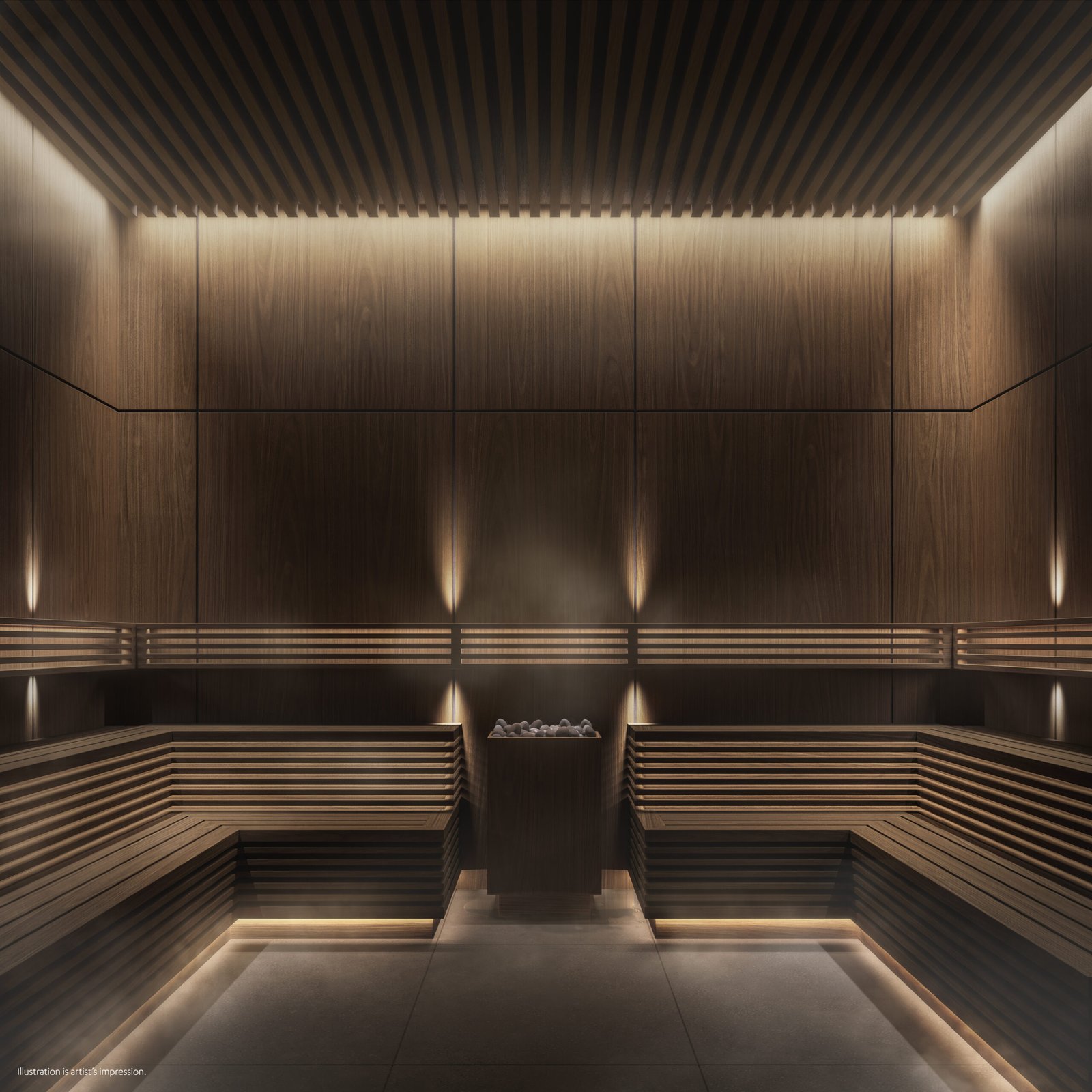 A sauna room with wooden benches and lighting in new homes in the GTA.