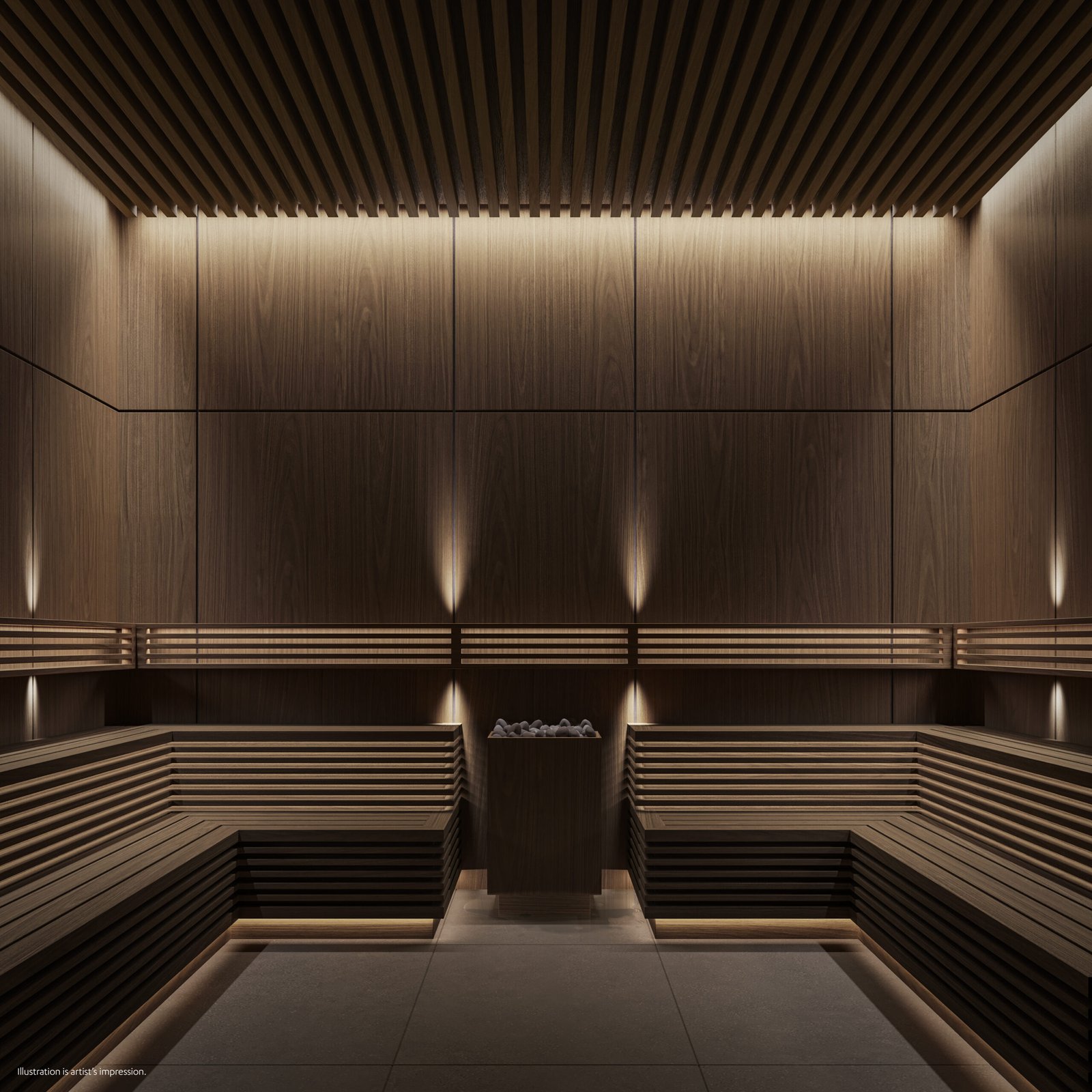 A sauna room with wooden benches and lighting, perfect for new condos in GTA.