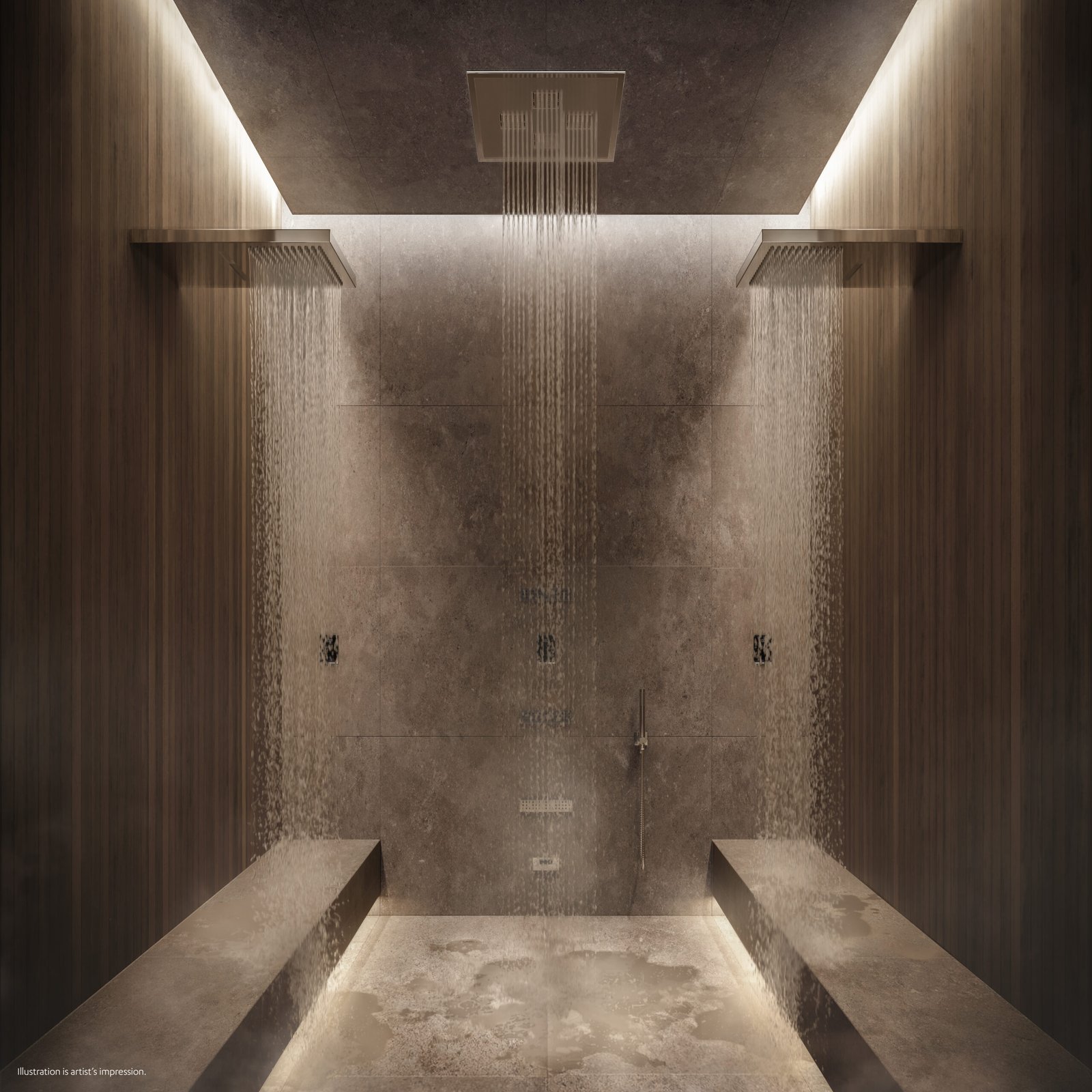 A bathroom with a shower and a bench, perfect for new homes and pre-construction homes in Gta.