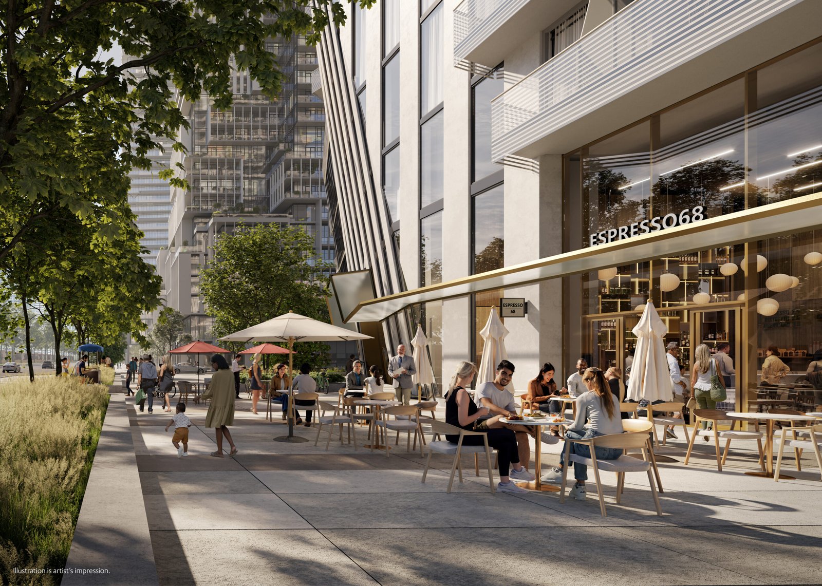 An artist's rendering of new homes in GTA, with people sitting at tables.