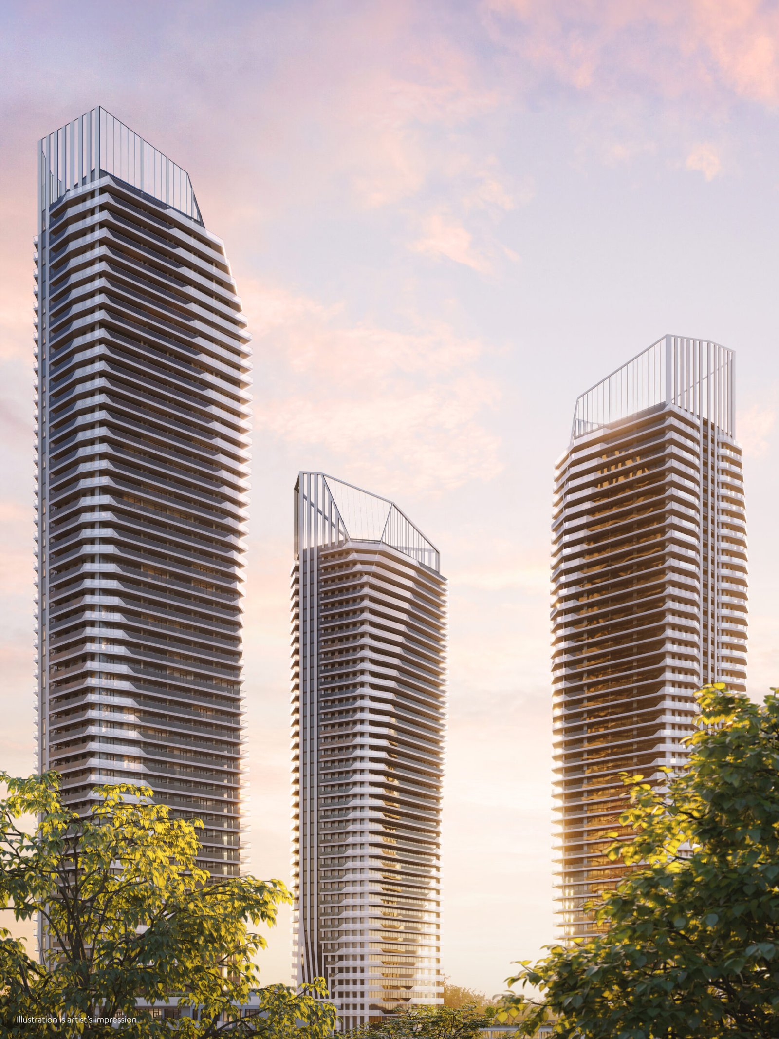 Three new condos in Gta, towering buildings with trees in the background.