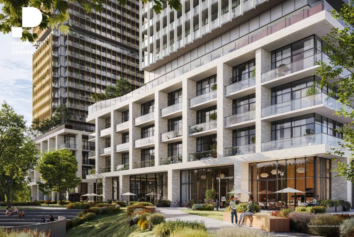 Modern urban residential and commercial building with a landscaped entrance. People are walking and relaxing in the shared outdoor space, which features seating and greenery. Explore available New condos in this vibrant community.