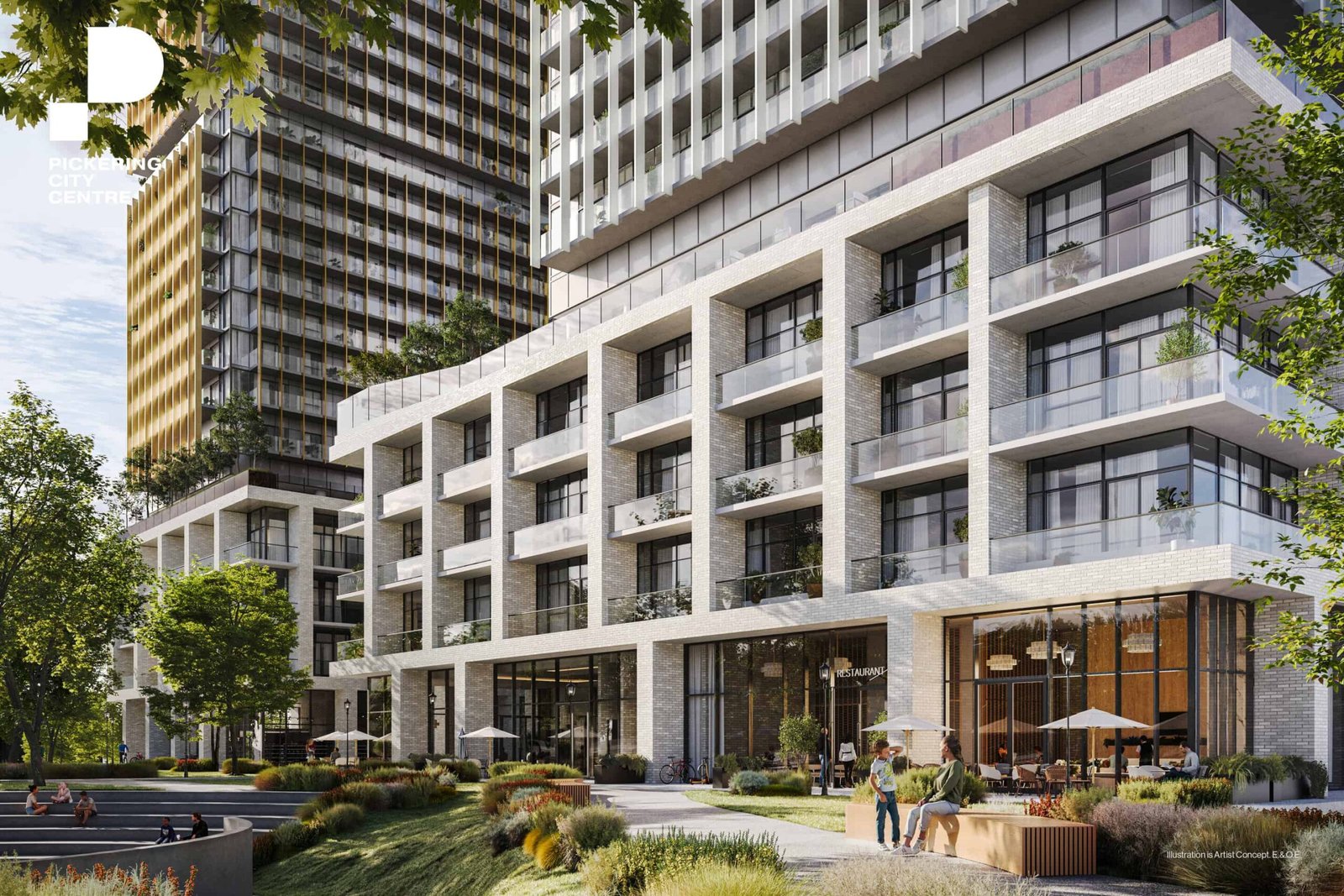 Modern urban residential and commercial building with a landscaped entrance. People are walking and relaxing in the shared outdoor space, which features seating and greenery. Explore available New condos in this vibrant community.