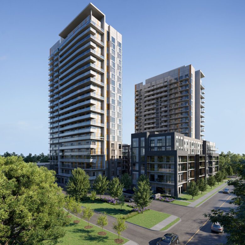 A rendering of two new condos on a street in Gta.
