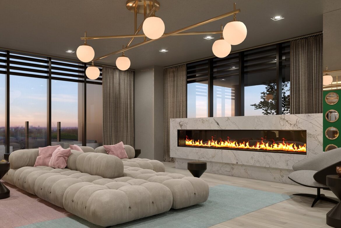 A living room in a new home with large windows.