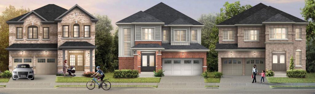 Three two-story new homes with cars in driveways. From left to right: a brick house with a Christmas wreath on the door, a modern house with gray and brick exterior, and a house with arched windows. A biker rides in the foreground; a family walks on the right.