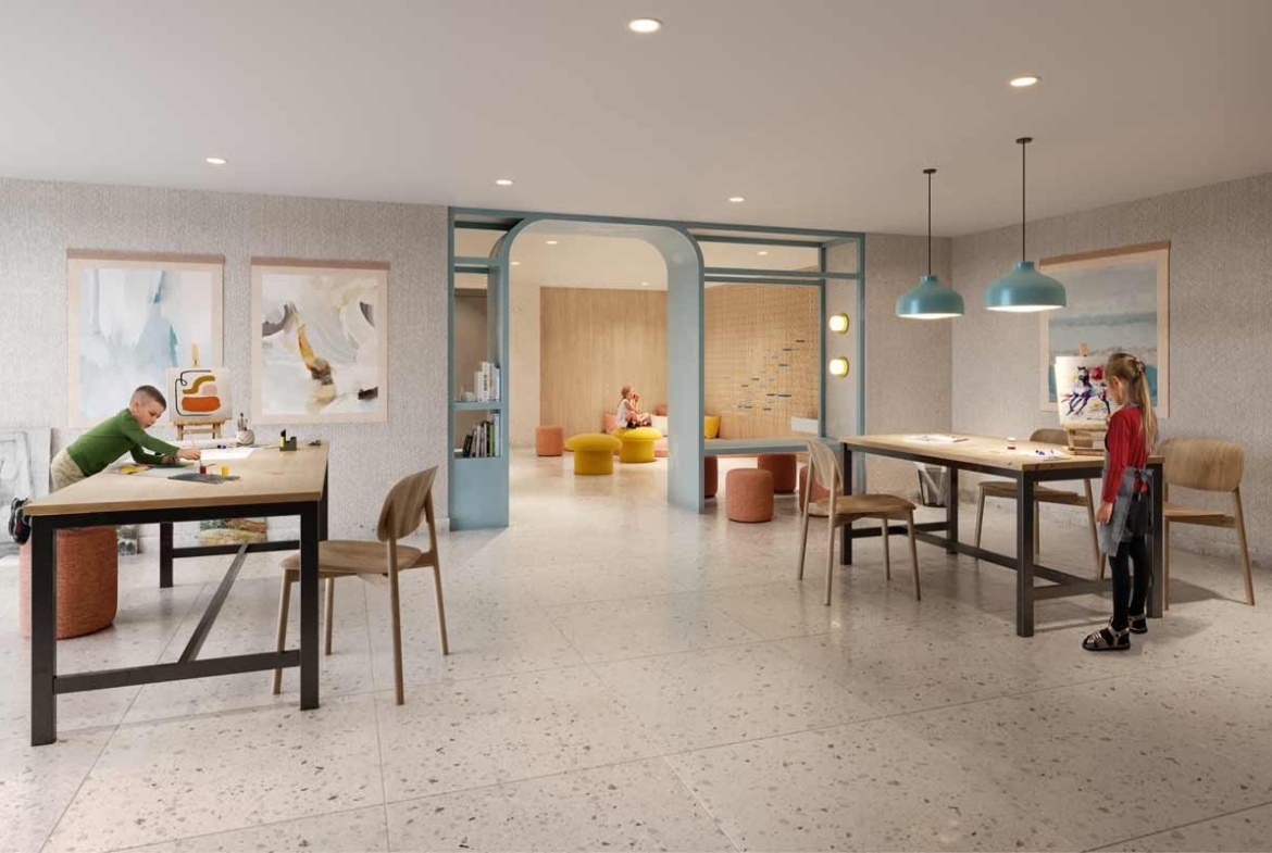 An artist's rendering of new homes in Gta with tables and chairs.