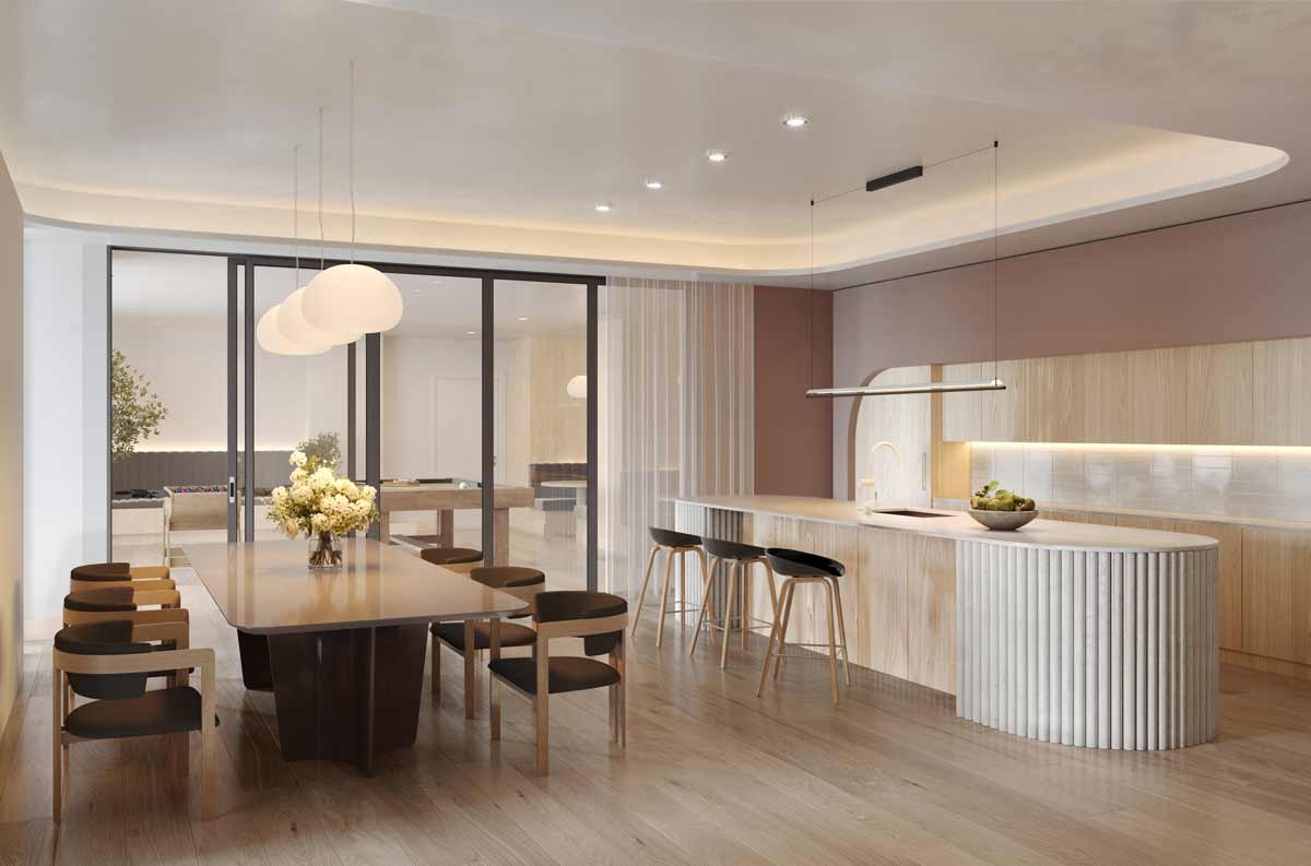 A modern kitchen with wooden floors is found in new homes in Gta, featuring a dining table. A modern kitchen with wooden floors is found in new homes in Gta, featuring a dining table.