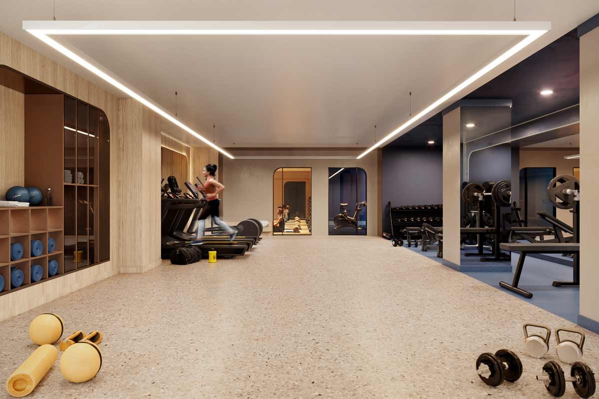 A gym room with dumbbells and weights in new condos in Gta. A gym room with dumbbells and weights in new condos in Gta.