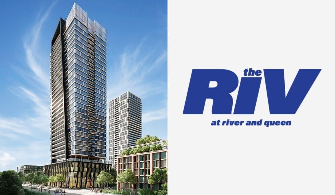 A tall pre construction home with trees and a blue logo.