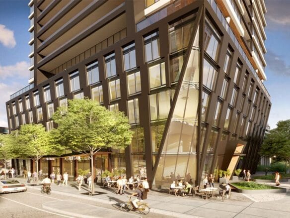 An artist's rendering of new homes in Gta with people walking in front of it.