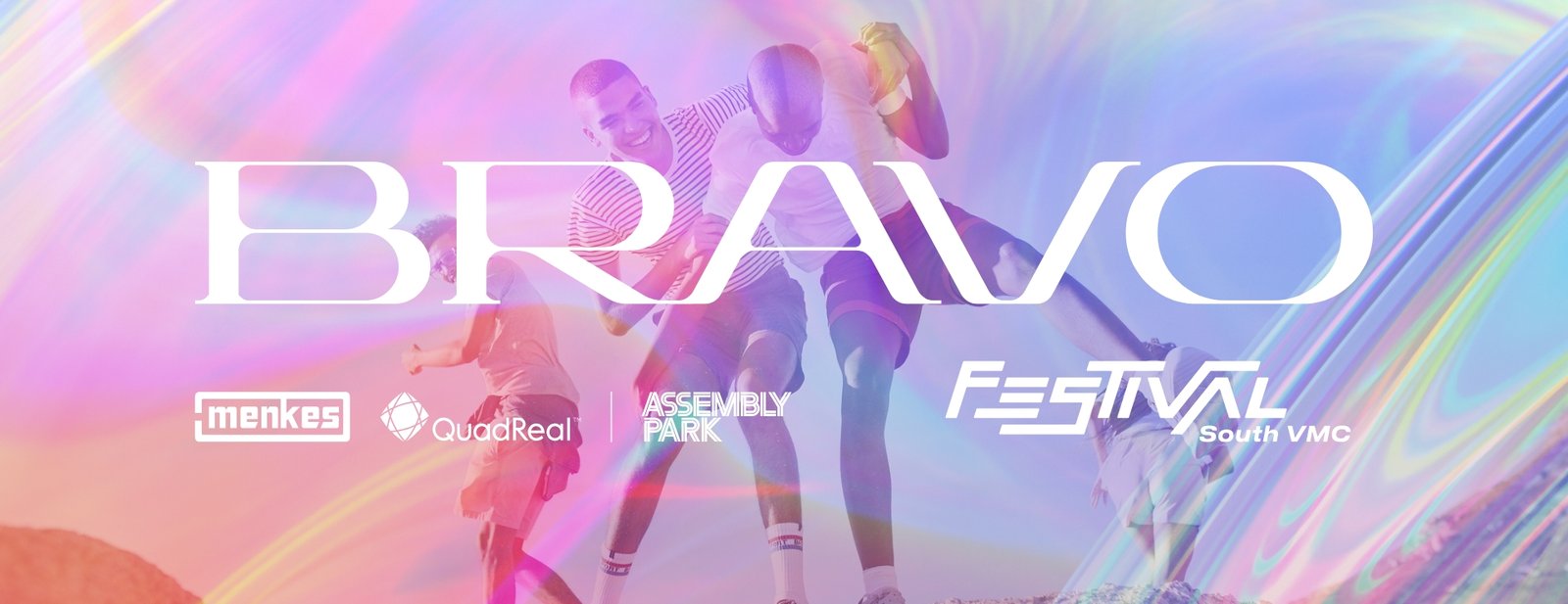 Promotional banner for bravo festival featuring dynamic images of people engaged in thrilling activities like biking and running under colorful, vibrant lighting with festival sponsors' logos including Gagan Bector.