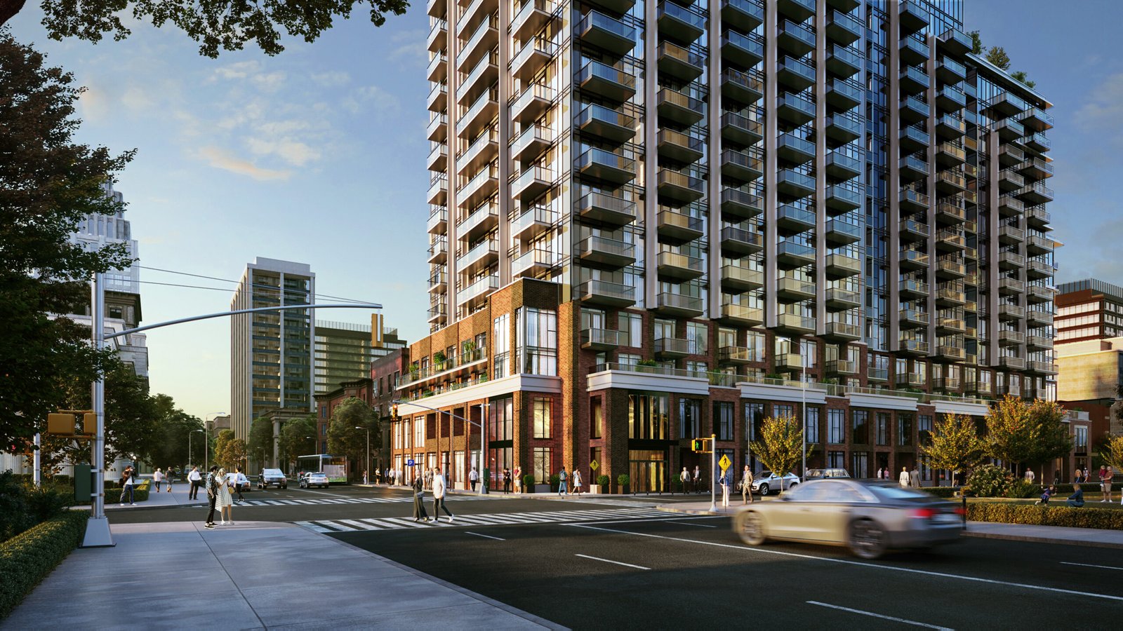 A modern, high-rise apartment building stands on a busy city street corner during the day. People are walking along the sidewalks, and cars are driving past. The building features many balconies and is surrounded by other tall structures and greenery, showcasing new condos in GTA. A modern, high-rise apartment building stands on a busy city street corner during the day. People are walking along the sidewalks, and cars are driving past. The building features many balconies and is surrounded by other tall structures and greenery, showcasing new condos in GTA.