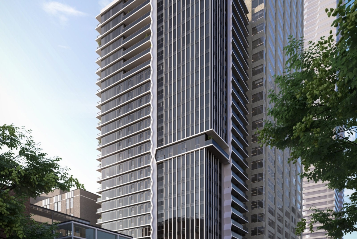 A sleek, modern high-rise with a glass facade commands attention in an urban setting. Its unique architecture rises above shorter brick structures at the base. Pedestrians and vehicles navigate the surrounding streets, hinting at nearby new homes and pre-construction opportunities.