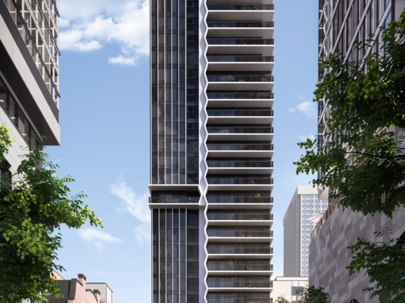 A contemporary high-rise with a distinctive zigzag pattern of balconies stands against a clear blue sky in Brampton. Lined with trees, the street below features a historic brick building and a few pedestrians, offering an inviting contrast to the new condos that redefine modern living.