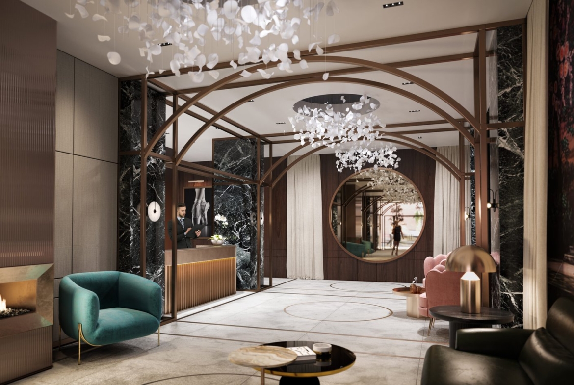 Luxurious hotel lobby featuring modern furniture, a fireplace, and a chandelier. The space includes a reception desk, stylish chairs, and elegant decor with dark marble accents and soft lighting. Experience sophistication akin to the design of new condos in Brampton with every detail meticulously curated.