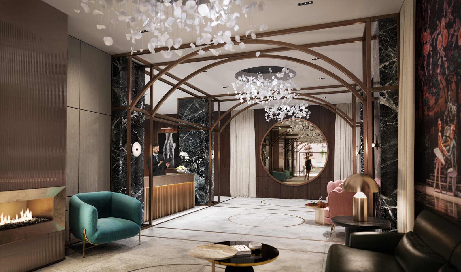 Luxurious hotel lobby featuring modern furniture, a fireplace, and a chandelier. The space includes a reception desk, stylish chairs, and elegant decor with dark marble accents and soft lighting. Experience sophistication akin to the design of new condos in Brampton with every detail meticulously curated.