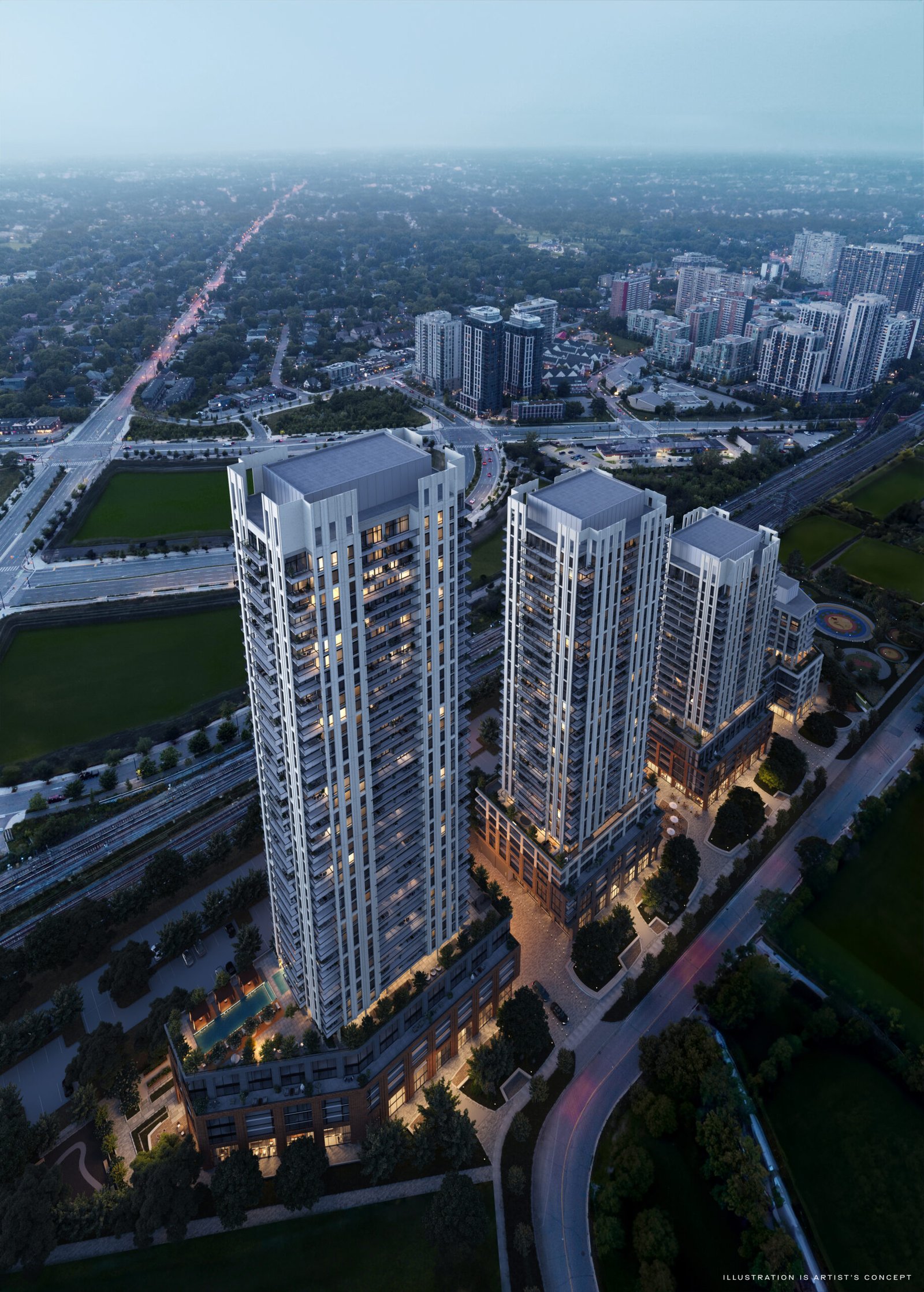 Aerial view of a modern residential high-rise complex during twilight, showcasing illuminated buildings and adjacent green spaces, with new condos in the background. Aerial view of a modern residential high-rise complex during twilight, showcasing illuminated buildings and adjacent green spaces, with new condos in the background.