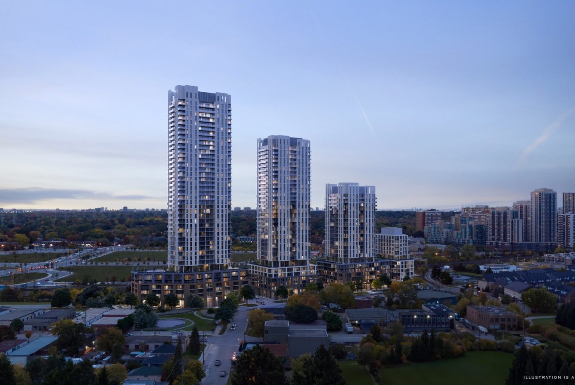 Aerial view of a modern urban skyline featuring tall New condos against a backdrop of a sunset and expansive tree-covered areas.