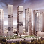 A digital rendering of a skyline featuring several tall, modern skyscrapers with unique designs. The buildings have a mix of glass and metal facades set against a cloudy sky. Green spaces and smaller structures are visible at the base, showcasing new homes in Toronto's urban landscape.