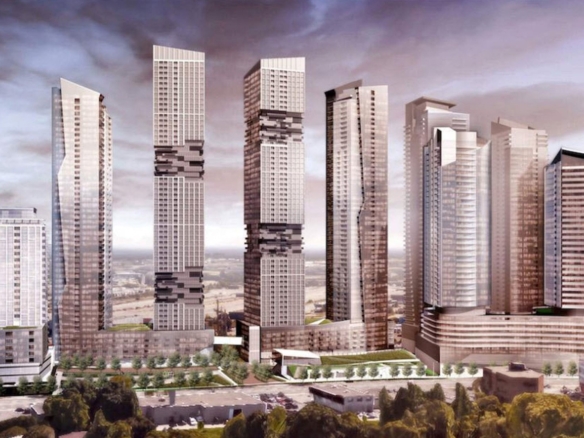 A digital rendering of a skyline featuring several tall, modern skyscrapers with unique designs. The buildings have a mix of glass and metal facades set against a cloudy sky. Green spaces and smaller structures are visible at the base, showcasing new homes in Toronto's urban landscape.