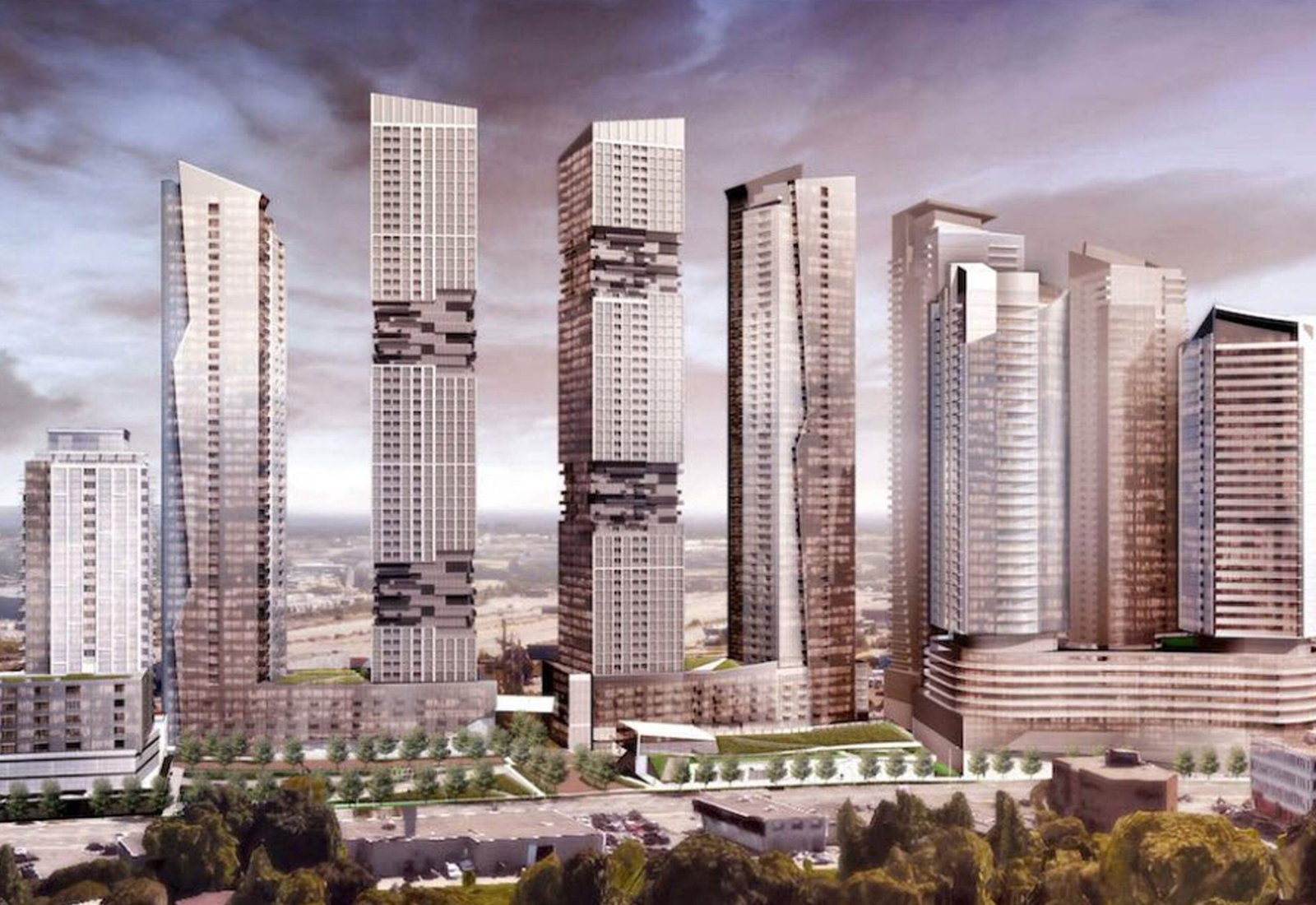 A digital rendering of a skyline featuring several tall, modern skyscrapers with unique designs. The buildings have a mix of glass and metal facades set against a cloudy sky. Green spaces and smaller structures are visible at the base, showcasing new homes in Toronto’s urban landscape. A digital rendering of a skyline featuring several tall, modern skyscrapers with unique designs. The buildings have a mix of glass and metal facades set against a cloudy sky. Green spaces and smaller structures are visible at the base, showcasing new homes in Toronto's urban landscape.