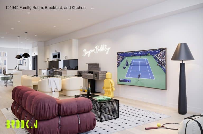 A modern open-concept family room in the heart of Brooklin Towns features a large flat-screen TV displaying a tennis match, a maroon sofa, a white couch, and a dining area. A neon sign reading "Boys Bubby" is on the wall above a fireplace, with a large yellow LEGO-style figure positioned nearby.