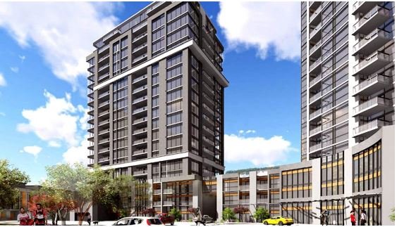 A modern urban scene featuring two tall, contemporary apartment buildings with large windows. Ground level has retail spaces with glass storefronts. Several cars are parked along the street with pedestrians walking nearby. Blue sky with scattered clouds above highlights the new homes in GTA.
