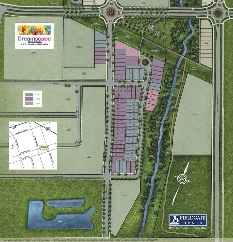 A detailed map of the residential community named Dreamscape by Fieldgate Homes in Oshawa. It shows a layout of plots, streets, a pond, a river, green spaces, and locations for future development. The map also includes a small inset with a larger area location map.