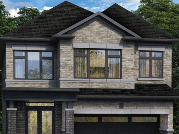 A two-story modern house with a dark gray shingle roof and light gray brick exterior. The front features multiple large windows and a double garage with black doors. A well-maintained lawn is visible, surrounded by greenery and trees in the background—a true dreamscape in Oshawa.
