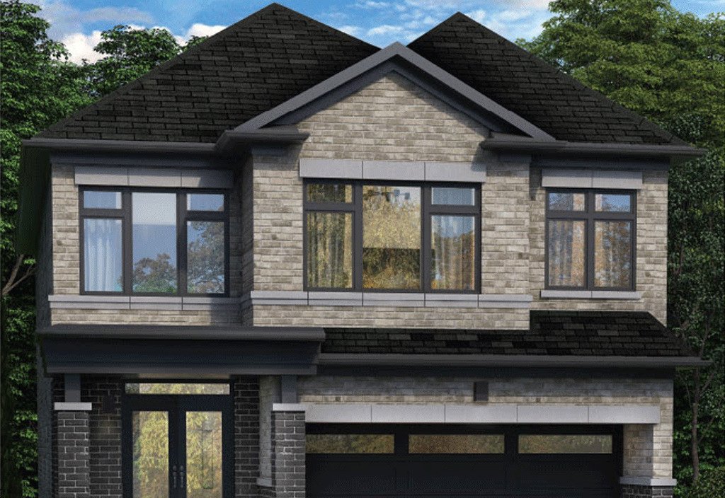 A two-story modern house with a dark gray shingle roof and light gray brick exterior. The front features multiple large windows and a double garage with black doors. A well-maintained lawn is visible, surrounded by greenery and trees in the background—a true dreamscape in Oshawa.