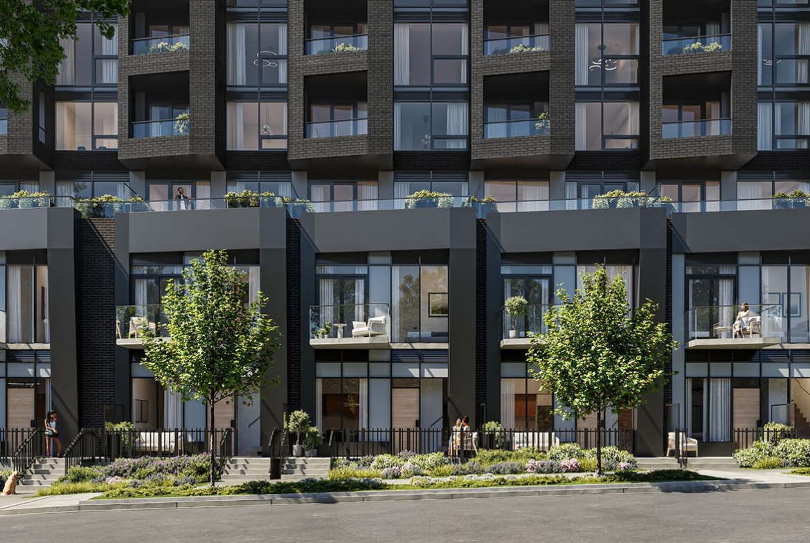 New homes in GTA, featuring modern urban townhouses with balconies, large windows, and landscaped fronts. People and bicycles visible, signaling a lively residential area.