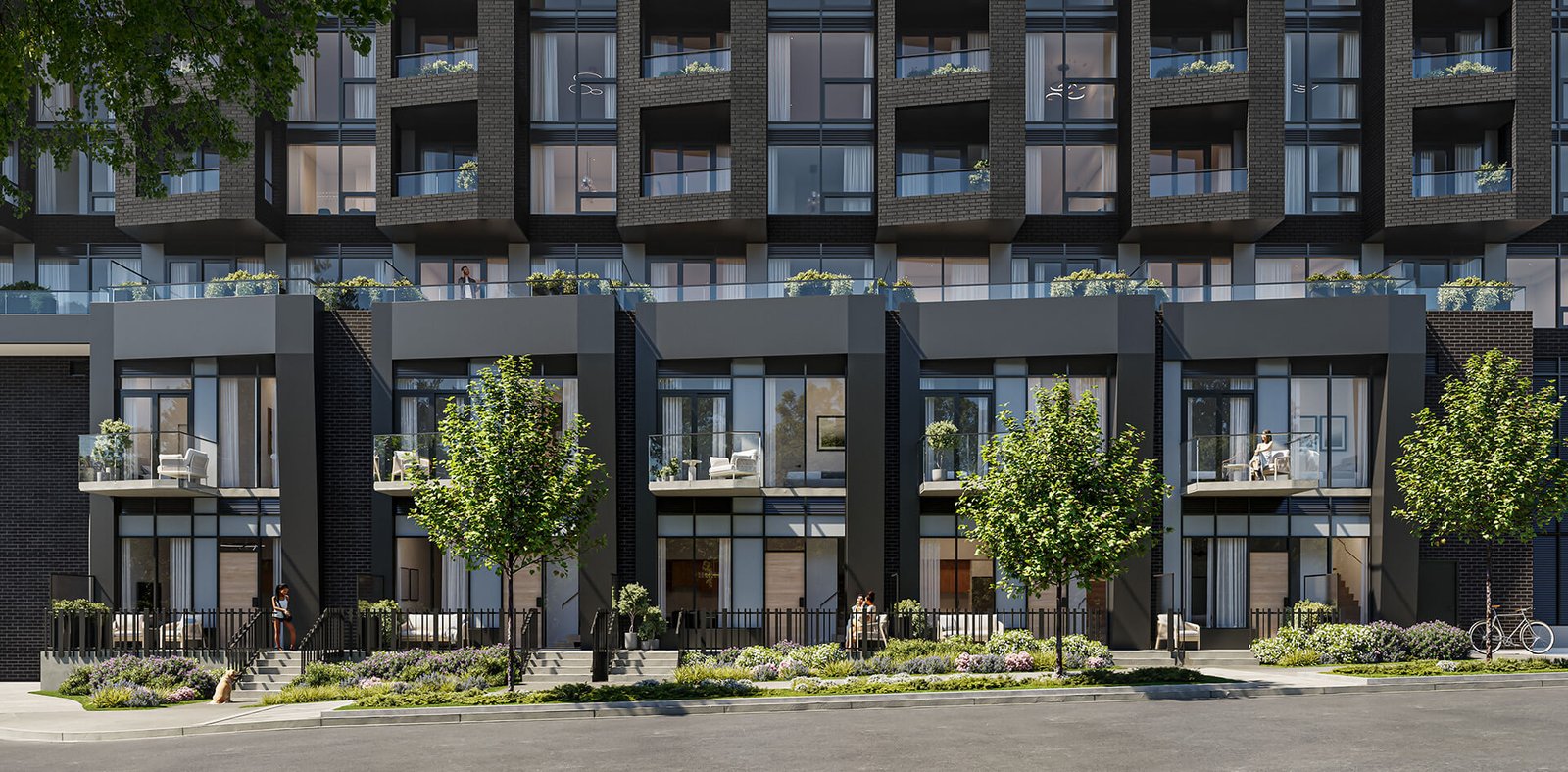 New homes in GTA, featuring modern urban townhouses with balconies, large windows, and landscaped fronts. People and bicycles visible, signaling a lively residential area.