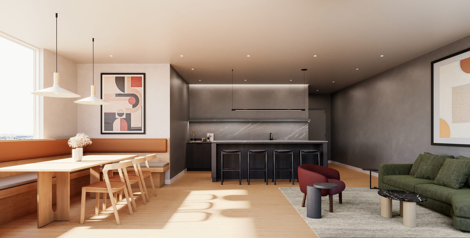 Modern open-plan apartment interior with a kitchen featuring a marble countertop and black stools, a dining area with a wooden table and benches, and a living area with a green sofa, all under warm lighting Modern open-plan apartment interior with a kitchen featuring a marble countertop and black stools, a dining area with a wooden table and benches, and a living area with a green sofa, all under warm lighting