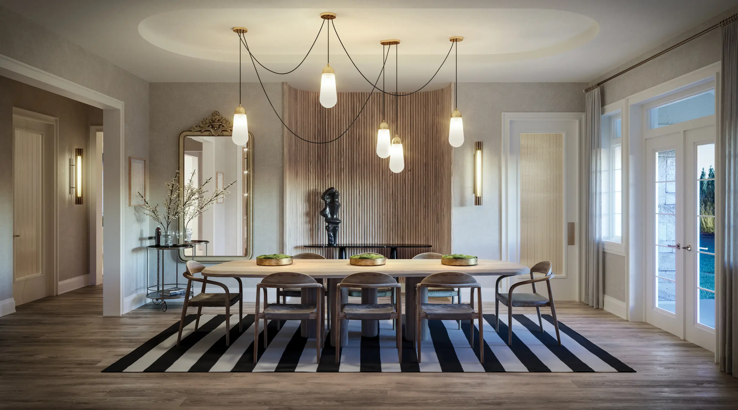 A modern dining room in one of the elegant new homes in GTA features a large wooden table with eight chairs, set on a black-and-white striped rug. Pendant lights hang from the ceiling, while the background showcases a wooden accent wall adorned with artwork and decorative items. Large windows provide ample natural light. A modern dining room in one of the elegant new homes in GTA features a large wooden table with eight chairs, set on a black-and-white striped rug. Pendant lights hang from the ceiling, while the background showcases a wooden accent wall adorned with artwork and decorative items. Large windows provide ample natural light.