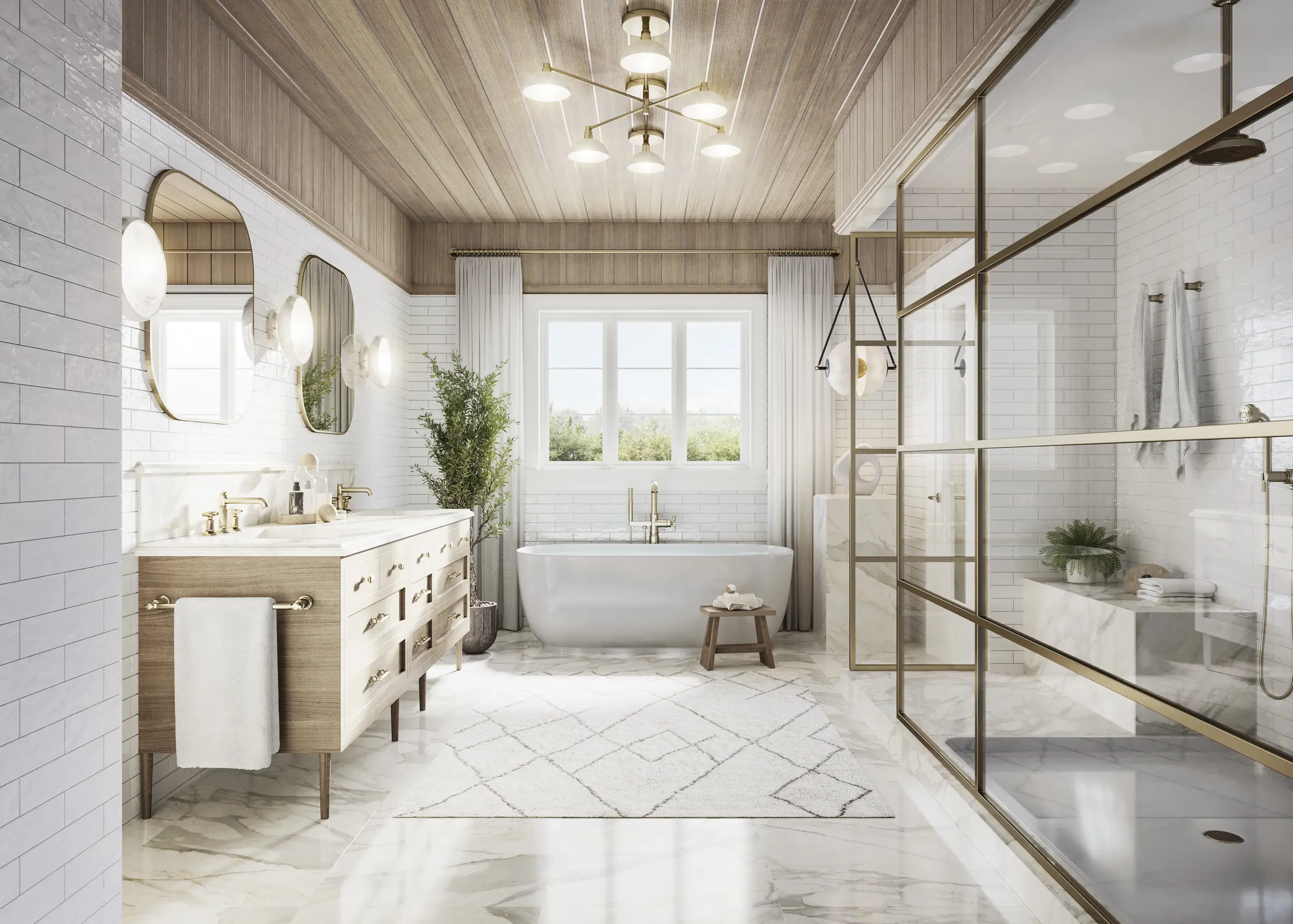 Modern bathroom with light wood and white decor. Features freestanding bathtub by a large window, double sink vanity with mirrors, glass-enclosed shower, and wooden ceiling. Light fixtures, green plant, and patterned rug add decorative elements—ideal for new condos in GTA or pre-construction homes. Modern bathroom with light wood and white decor. Features freestanding bathtub by a large window, double sink vanity with mirrors, glass-enclosed shower, and wooden ceiling. Light fixtures, green plant, and patterned rug add decorative elements—ideal for new condos in GTA or pre-construction homes.