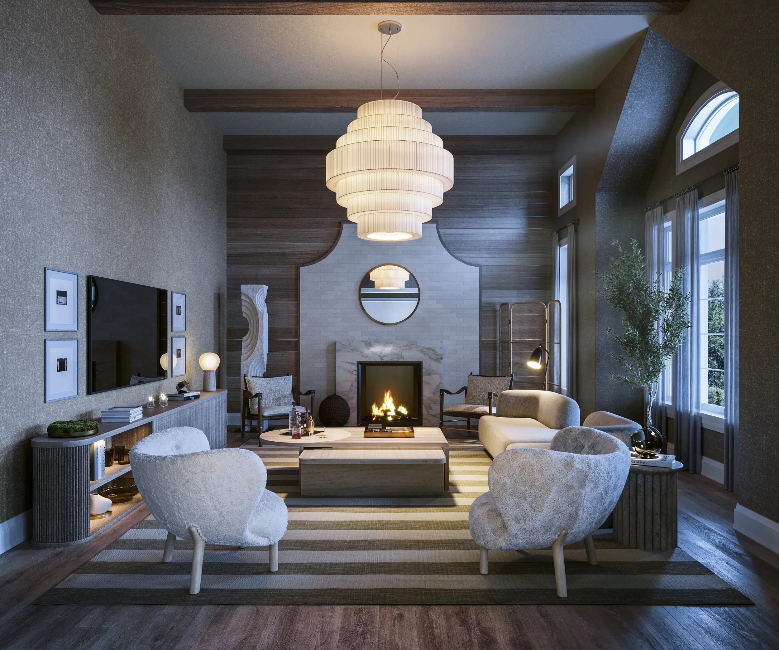 A cozy, modern living room in one of the new homes in GTA features a large central chandelier, three cushioned chairs, a round coffee table, and a striped rug. A fireplace with a large mirror above it is set against a wooden accent wall. Large windows bring in natural light, and potted plants add greenery. A cozy, modern living room in one of the new homes in GTA features a large central chandelier, three cushioned chairs, a round coffee table, and a striped rug. A fireplace with a large mirror above it is set against a wooden accent wall. Large windows bring in natural light, and potted plants add greenery.