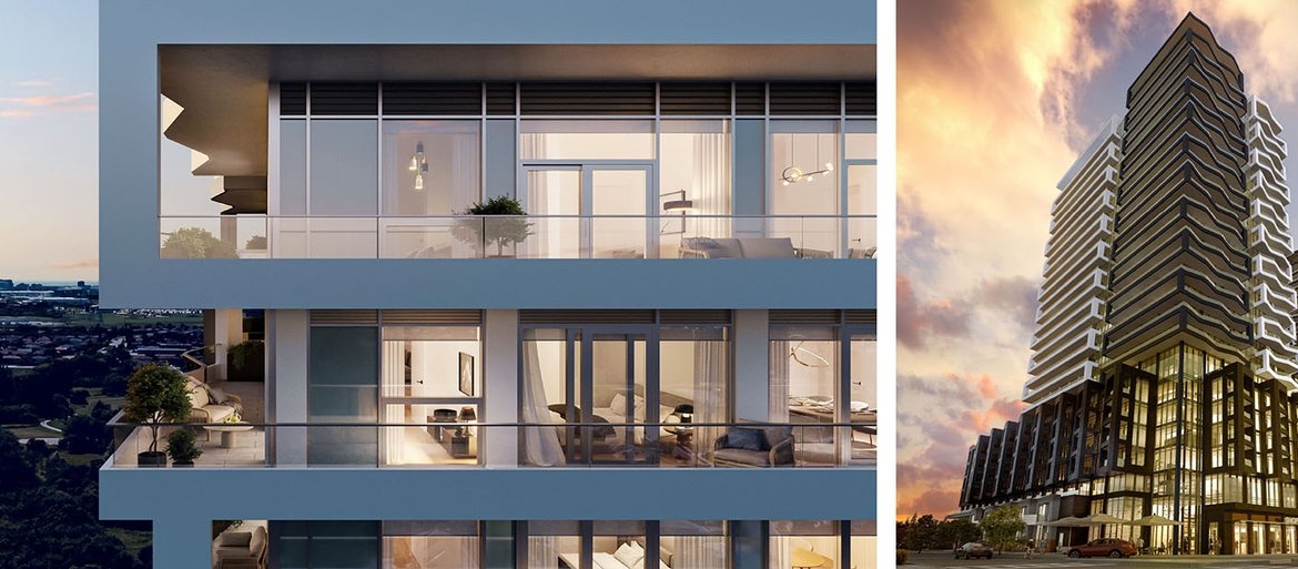 A triptych image of Gagan Bector: left, a close-up of balconies; center, an inside view through large windows; right, the building at sunset with a dramatic sky