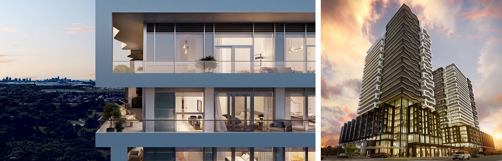 A triptych image of Gagan Bector: left, a close-up of balconies; center, an inside view through large windows; right, the building at sunset with a dramatic sky