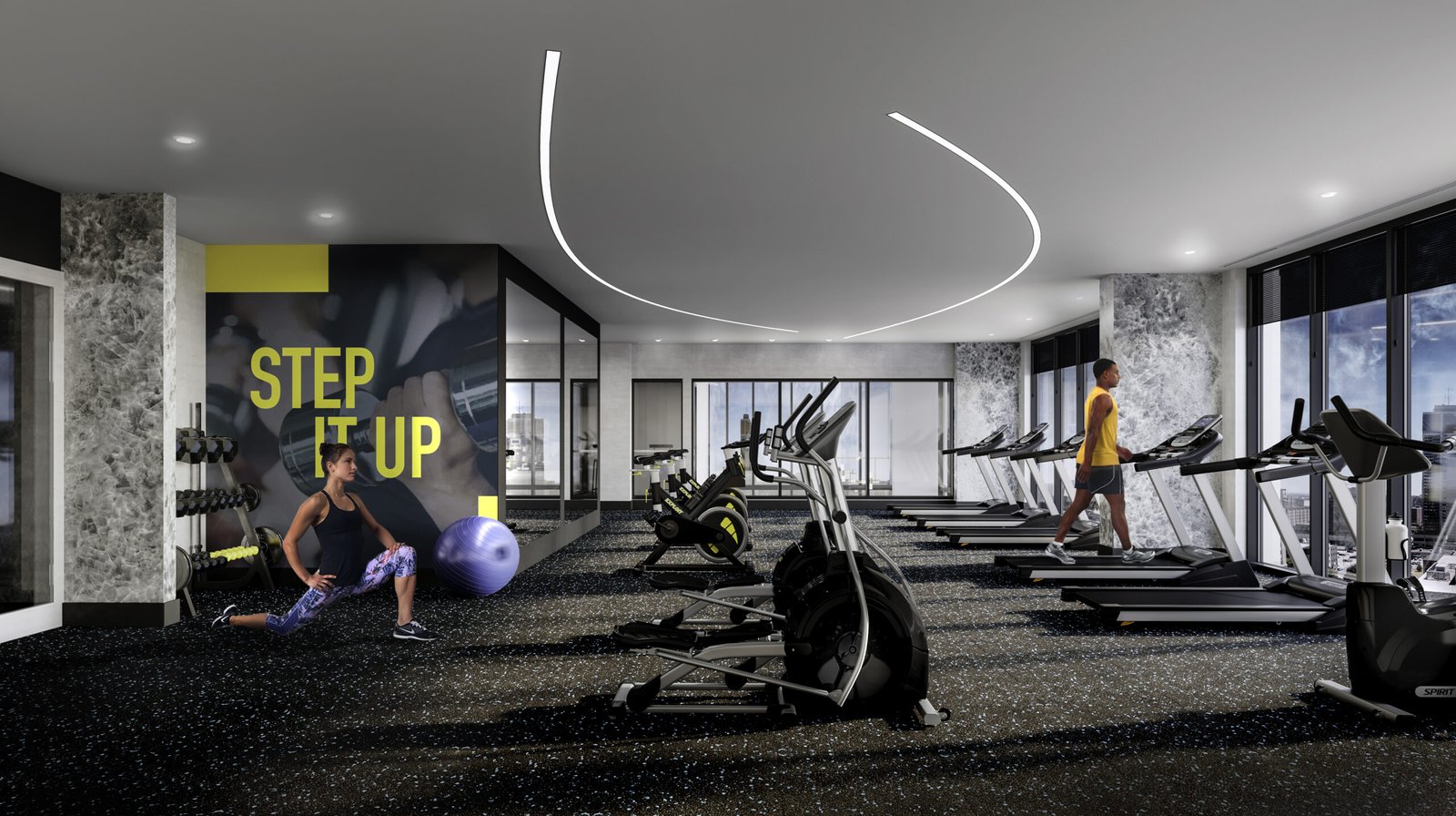 A modern gym with large windows and various exercise equipment. A person on the left is stretching using a stability ball, while another on the right is walking on a treadmill. A wall in the background features the text “STEP IT UP” in large, bold letters—a perfect amenity for those investing in new homes in GTA. A modern gym with large windows and various exercise equipment. A person on the left is stretching using a stability ball, while another on the right is walking on a treadmill. A wall in the background features the text "STEP IT UP" in large, bold letters—a perfect amenity for those investing in new homes in GTA.
