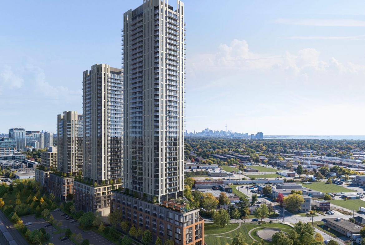 Aerial view of modern skyscrapers and new homes in GTA, with pre-construction homes in an urban landscape, green park spaces, and a distant city skyline under a clear sky.