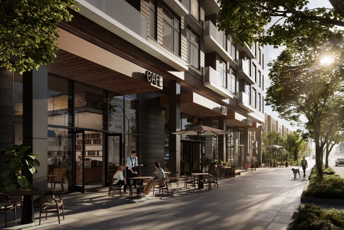 A sunny urban street scene with people dining at an outdoor cafe beneath a modern apartment building, tree-lined sidewalk to the side, featuring new condos and a bright ambiance.