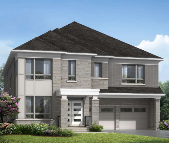 A modern, two-story suburban house with a mix of light gray bricks and siding on the exterior. The house features a dark shingled roof, large windows, and a double garage. Landscaping in front includes well-maintained bushes and a flowering tree, much like the new homes in GTA.